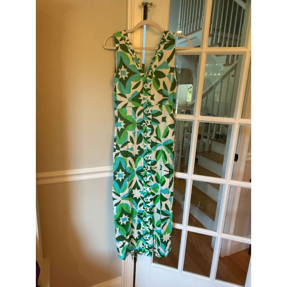 Ciebon Green Turquoise Geometric Floral V-Neck Button Front Midi Dress XS NEW